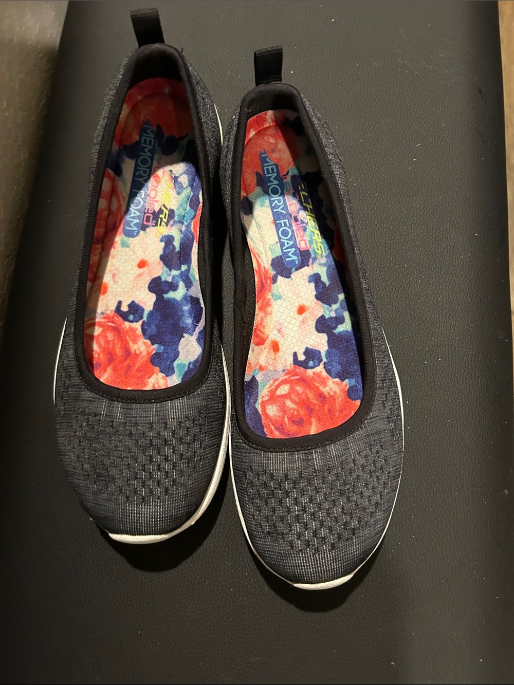 Skechers Black Knit Slip-On Flats with Floral Insole